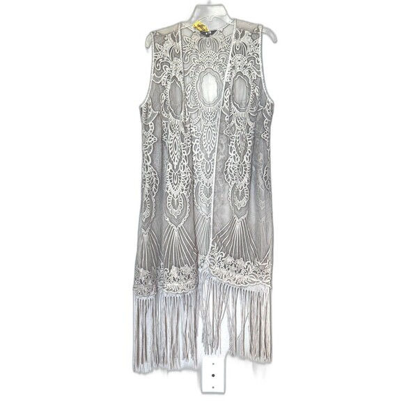 Jones New York Sheer Lace Fringe Vest Women’s Medium Boho Vintage Stone Crochet - Picture 1 of 5